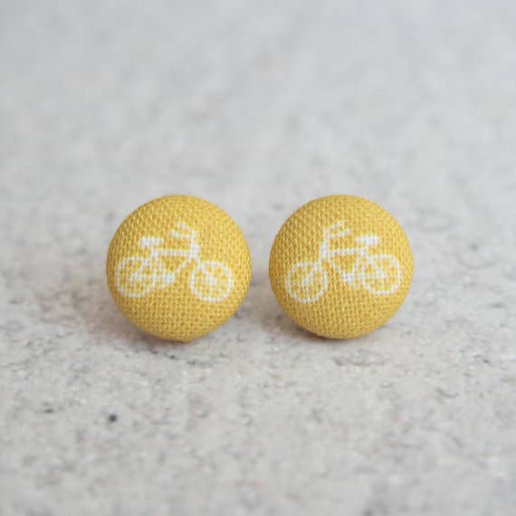 Mustard Bikes Fabric Covered Button Earrings