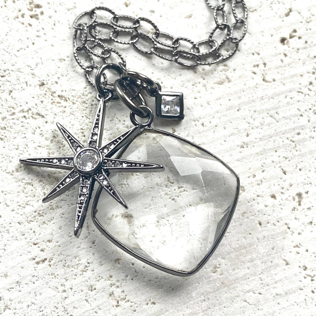 Crystal Cluster Necklace | Gunmetal Silver